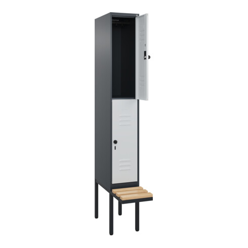 C+P Doppelstock-Spind Classic PLUS, Bank, 1 Abteil, 2120x300x815mm, 7016/7035 Verschluss Sicherheits-Drehriegel Sitzbanktyp auskragend Material Sitzfläche Buche-Hartholz