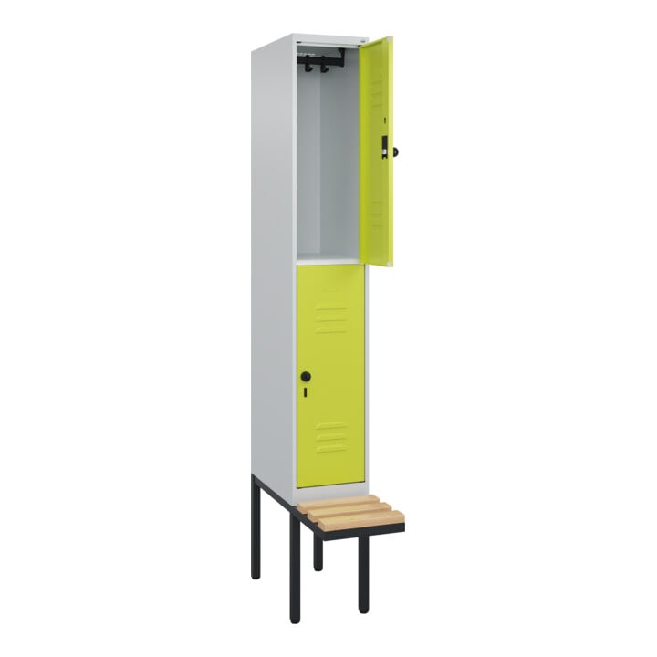 C+P Doppelstock-Spind Classic PLUS, Bank, 1 Abteil, 2120x300x815mm, 7035/0024 Verschluss Sicherheits-Drehriegel Sitzbanktyp auskragend Material Sitzfläche Buche-Hartholz