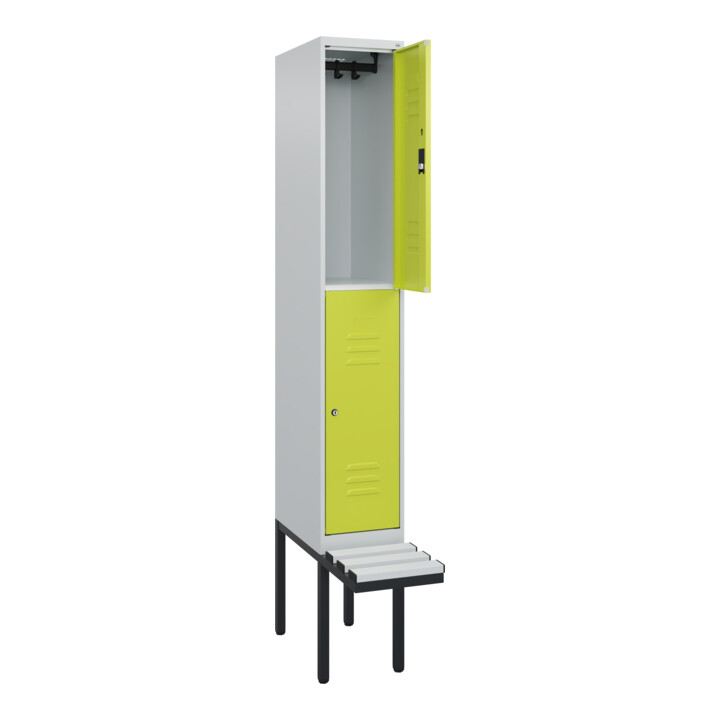 C+P Doppelstock-Spind Classic PLUS, Bank, 1 Abteil, 2120x300x815mm, 7035/0024 Verschluss Zylinderschloss Sitzbanktyp auskragend Material Sitzfläche Kunststoff