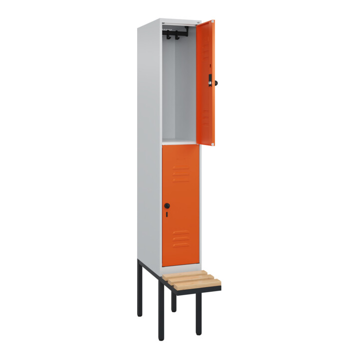 C+P Doppelstock-Spind Classic PLUS, Bank, 1 Abteil, 2120x300x815mm, 7035/2004 Verschluss Sicherheits-Drehriegel Sitzbanktyp auskragend Material Sitzfläche Buche-Hartholz