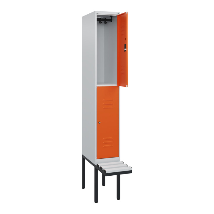 C+P Doppelstock-Spind Classic PLUS, Bank, 1 Abteil, 2120x300x815mm, 7035/2004 Verschluss Zylinderschloss Sitzbanktyp auskragend Material Sitzfläche Kunststoff