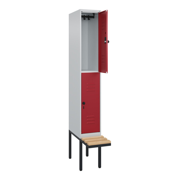 C+P Doppelstock-Spind Classic PLUS, Bank, 1 Abteil, 2120x300x815mm, 7035/3003 Verschluss Sicherheits-Drehriegel Sitzbanktyp auskragend Material Sitzfläche Buche-Hartholz