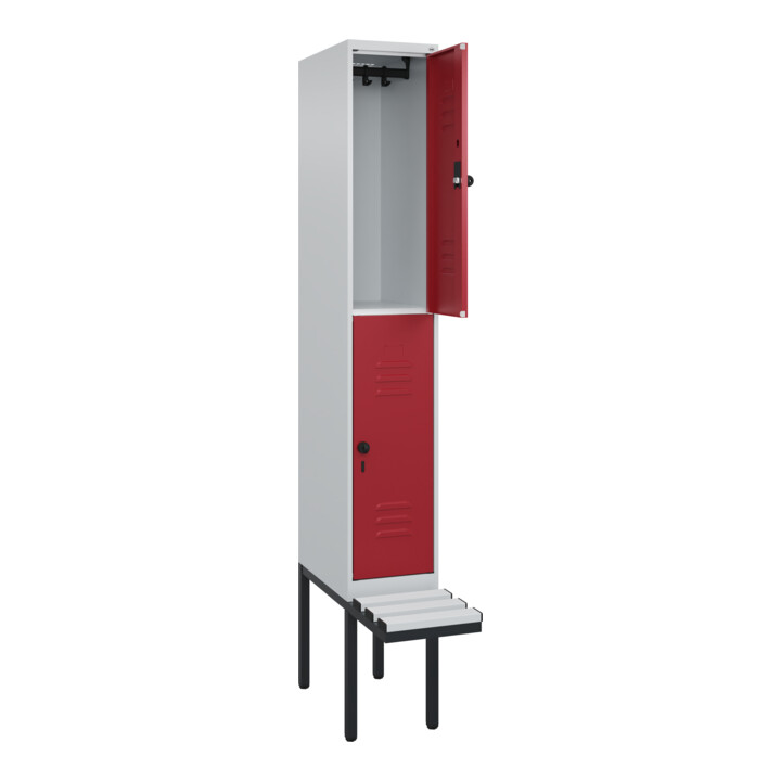 C+P Doppelstock-Spind Classic PLUS, Bank, 1 Abteil, 2120x300x815mm, 7035/3003 Verschluss Sicherheits-Drehriegel Sitzbanktyp auskragend Material Sitzfläche Kunststoff