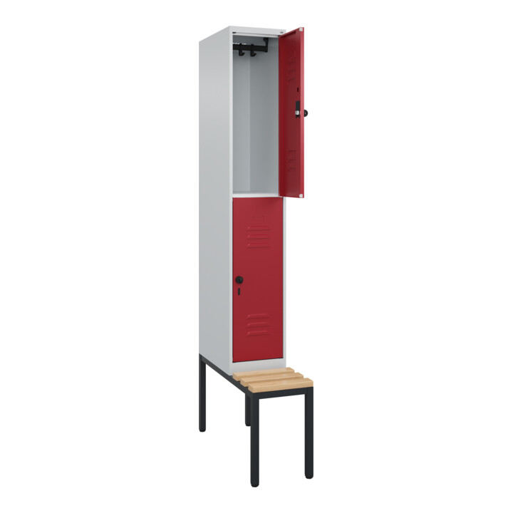 C+P Doppelstock-Spind Classic PLUS, Bank, 1 Abteil, 2120x300x815mm, 7035/3003 Verschluss Sicherheits-Drehriegel Sitzbanktyp untergebaut Material Sitzfläche Buche-Hartholz