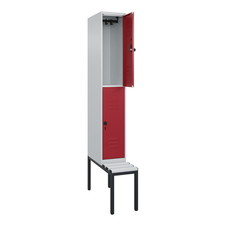 C+P Doppelstock-Spind Classic PLUS, Bank, 1 Abteil, 2120x300x815mm, 7035/3003 Verschluss Sicherheits-Drehriegel Sitzbanktyp untergebaut Material Sitzfläche Kunststoff