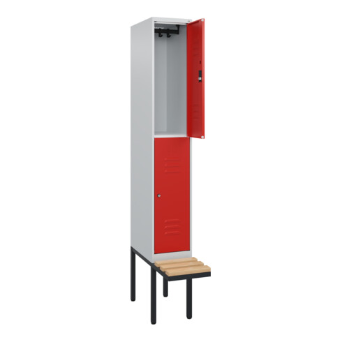 C+P Doppelstock-Spind Classic PLUS, Bank, 1 Abteil, 2120x300x815mm, 7035/3020 Verschluss Zylinderschloss Sitzbanktyp auskragend Material Sitzfläche Buche-Hartholz