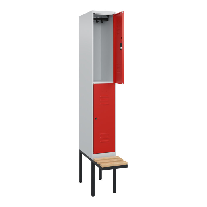 C+P Doppelstock-Spind Classic PLUS, Bank, 1 Abteil, 2120x300x815mm, 7035/3020 Verschluss Zylinderschloss Sitzbanktyp auskragend Material Sitzfläche Buche-Hartholz