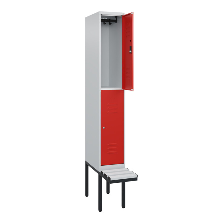 C+P Doppelstock-Spind Classic PLUS, Bank, 1 Abteil, 2120x300x815mm, 7035/3020 Verschluss Zylinderschloss Sitzbanktyp auskragend Material Sitzfläche Kunststoff