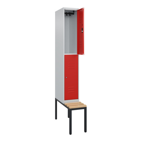 C+P Doppelstock-Spind Classic PLUS, Bank, 1 Abteil, 2120x300x815mm, 7035/3020 Verschluss Zylinderschloss Sitzbanktyp untergebaut Material Sitzfläche Buche-Hartholz