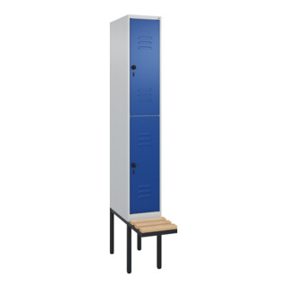 C+P Doppelstock-Spind Classic PLUS, Bank, 1 Abteil, 2120x300x815mm, 7035/5010 Verschluss Sicherheits-Drehriegel Sitzbanktyp auskragend Material Sitzfläche Buche-Hartholz