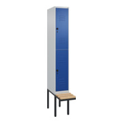 C+P Doppelstock-Spind Classic PLUS, Bank, 1 Abteil, 2120x300x815mm, 7035/5010 Verschluss Sicherheits-Drehriegel Sitzbanktyp auskragend Material Sitzfläche Buche-Hartholz