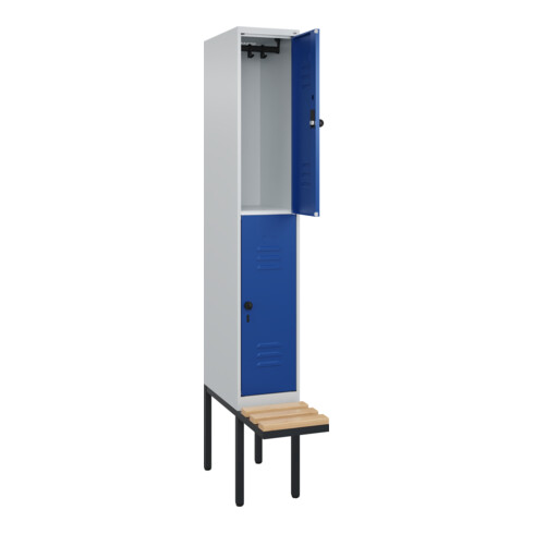 C+P Doppelstock-Spind Classic PLUS, Bank, 1 Abteil, 2120x300x815mm, 7035/5010 Verschluss Sicherheits-Drehriegel Sitzbanktyp auskragend Material Sitzfläche Buche-Hartholz