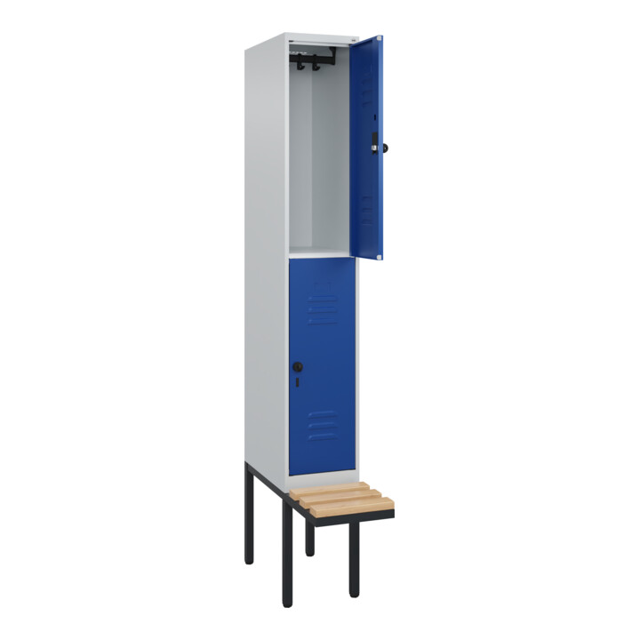 C+P Doppelstock-Spind Classic PLUS, Bank, 1 Abteil, 2120x300x815mm, 7035/5010 Verschluss Sicherheits-Drehriegel Sitzbanktyp auskragend Material Sitzfläche Buche-Hartholz