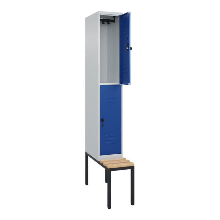 C+P Doppelstock-Spind Classic PLUS, Bank, 1 Abteil, 2120x300x815mm, 7035/5010 Verschluss Sicherheits-Drehriegel Sitzbanktyp untergebaut Material Sitzfläche Buche-Hartholz