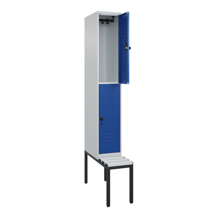 C+P Doppelstock-Spind Classic PLUS, Bank, 1 Abteil, 2120x300x815mm, 7035/5010 Verschluss Sicherheits-Drehriegel Sitzbanktyp untergebaut Material Sitzfläche Kunststoff