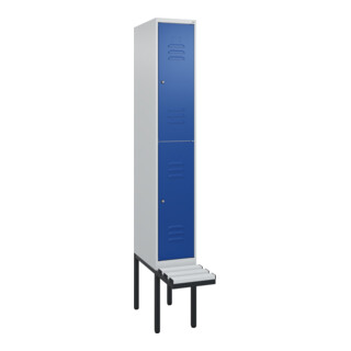 C+P Doppelstock-Spind Classic PLUS, Bank, 1 Abteil, 2120x300x815mm, 7035/5010 Verschluss Zylinderschloss Sitzbanktyp auskragend Material Sitzfläche Kunststoff