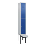 C+P Doppelstock-Spind Classic PLUS, Bank, 1 Abteil, 2120x300x815mm, 7035/5010 Verschluss Zylinderschloss Sitzbanktyp auskragend Material Sitzfläche Kunststoff