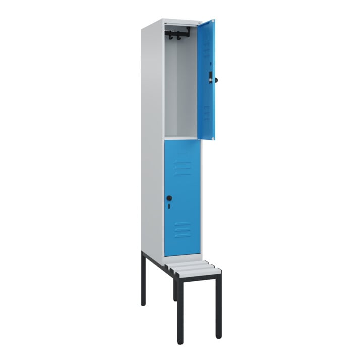 C+P Doppelstock-Spind Classic PLUS, Bank, 1 Abteil, 2120x300x815mm, 7035/5012 Verschluss Sicherheits-Drehriegel Sitzbanktyp untergebaut Material Sitzfläche Kunststoff
