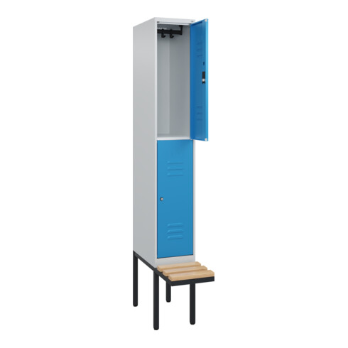 C+P Doppelstock-Spind Classic PLUS, Bank, 1 Abteil, 2120x300x815mm, 7035/5012 Verschluss Zylinderschloss Sitzbanktyp auskragend Material Sitzfläche Buche-Hartholz