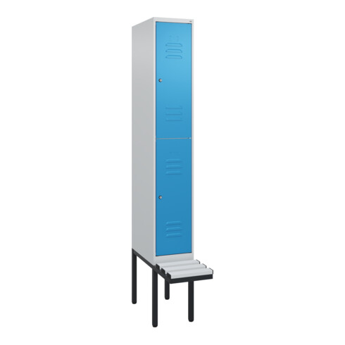 C+P Doppelstock-Spind Classic PLUS, Bank, 1 Abteil, 2120x300x815mm, 7035/5012 Verschluss Zylinderschloss Sitzbanktyp auskragend Material Sitzfläche Kunststoff