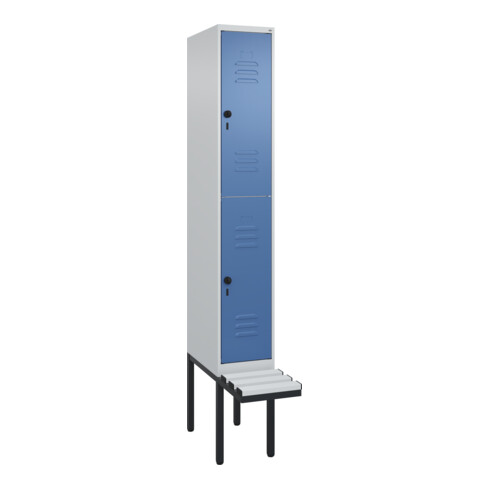 C+P Doppelstock-Spind Classic PLUS, Bank, 1 Abteil, 2120x300x815mm, 7035/5023 Verschluss Sicherheits-Drehriegel Sitzbanktyp auskragend Material Sitzfläche Kunststoff