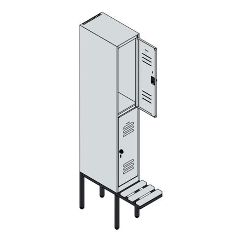 C+P Doppelstock-Spind Classic PLUS, Bank, 1 Abteil, 2120x300x815mm, 7035/5023 Verschluss Sicherheits-Drehriegel Sitzbanktyp auskragend Material Sitzfläche Kunststoff