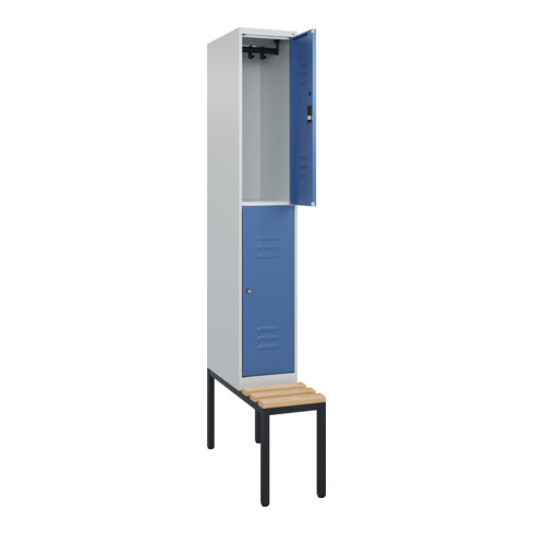 C+P Doppelstock-Spind Classic PLUS, Bank, 1 Abteil, 2120x300x815mm, 7035/5023 Verschluss Zylinderschloss Sitzbanktyp untergebaut Material Sitzfläche Buche-Hartholz