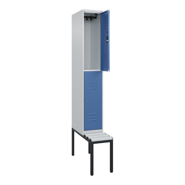 C+P Doppelstock-Spind Classic PLUS, Bank, 1 Abteil, 2120x300x815mm, 7035/5023 Verschluss Zylinderschloss Sitzbanktyp untergebaut Material Sitzfläche Kunststoff
