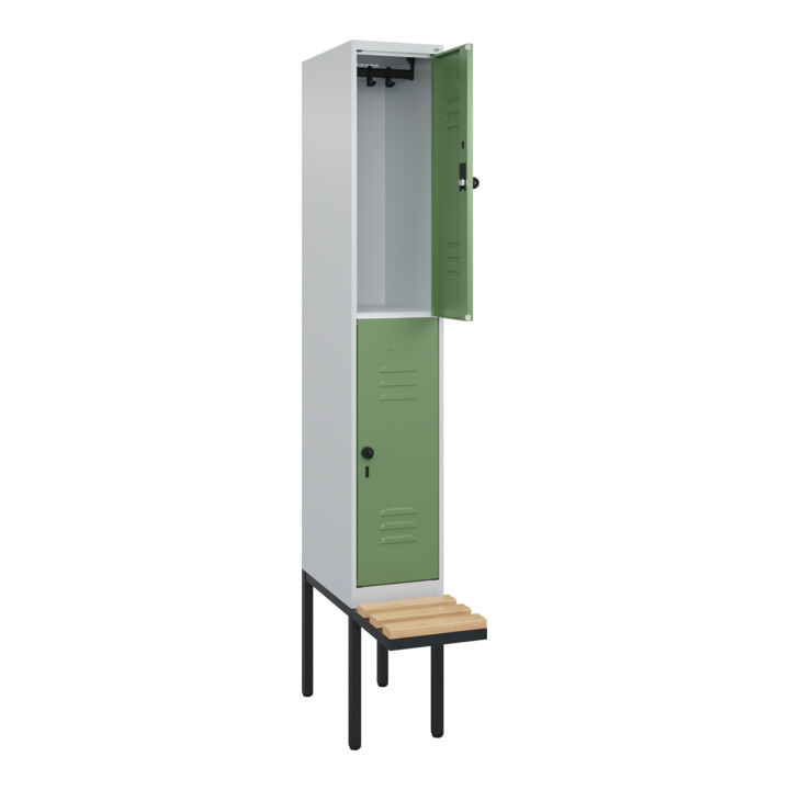 C+P Doppelstock-Spind Classic PLUS, Bank, 1 Abteil, 2120x300x815mm, 7035/6011 Verschluss Sicherheits-Drehriegel Sitzbanktyp auskragend Material Sitzfläche Buche-Hartholz