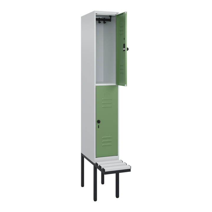 C+P Doppelstock-Spind Classic PLUS, Bank, 1 Abteil, 2120x300x815mm, 7035/6011 Verschluss Sicherheits-Drehriegel Sitzbanktyp auskragend Material Sitzfläche Kunststoff