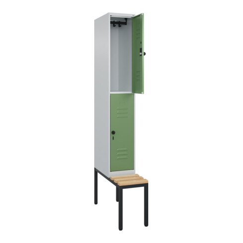 C+P Doppelstock-Spind Classic PLUS, Bank, 1 Abteil, 2120x300x815mm, 7035/6011 Verschluss Sicherheits-Drehriegel Sitzbanktyp untergebaut Material Sitzfläche Buche-Hartholz