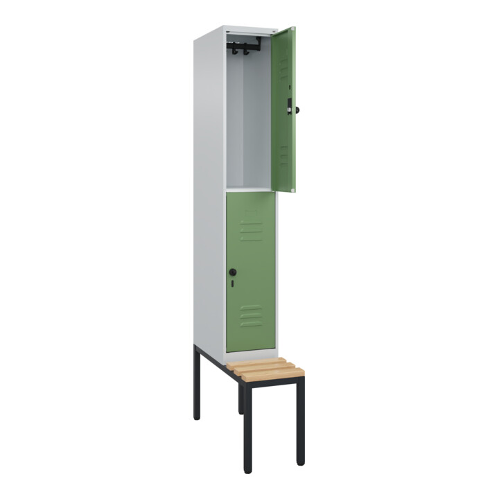 C+P Doppelstock-Spind Classic PLUS, Bank, 1 Abteil, 2120x300x815mm, 7035/6011 Verschluss Sicherheits-Drehriegel Sitzbanktyp untergebaut Material Sitzfläche Buche-Hartholz