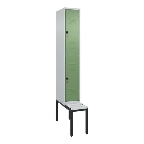 C+P Doppelstock-Spind Classic PLUS, Bank, 1 Abteil, 2120x300x815mm, 7035/6011 Verschluss Sicherheits-Drehriegel Sitzbanktyp untergebaut Material Sitzfläche Kunststoff