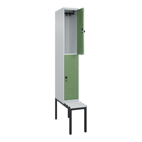 C+P Doppelstock-Spind Classic PLUS, Bank, 1 Abteil, 2120x300x815mm, 7035/6011 Verschluss Sicherheits-Drehriegel Sitzbanktyp untergebaut Material Sitzfläche Kunststoff
