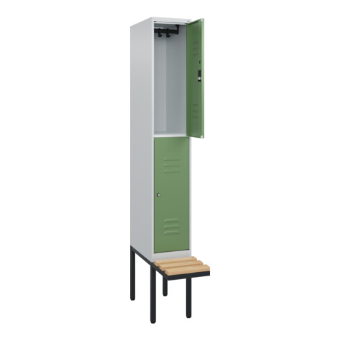 C+P Doppelstock-Spind Classic PLUS, Bank, 1 Abteil, 2120x300x815mm, 7035/6011 Verschluss Zylinderschloss Sitzbanktyp auskragend Material Sitzfläche Buche-Hartholz