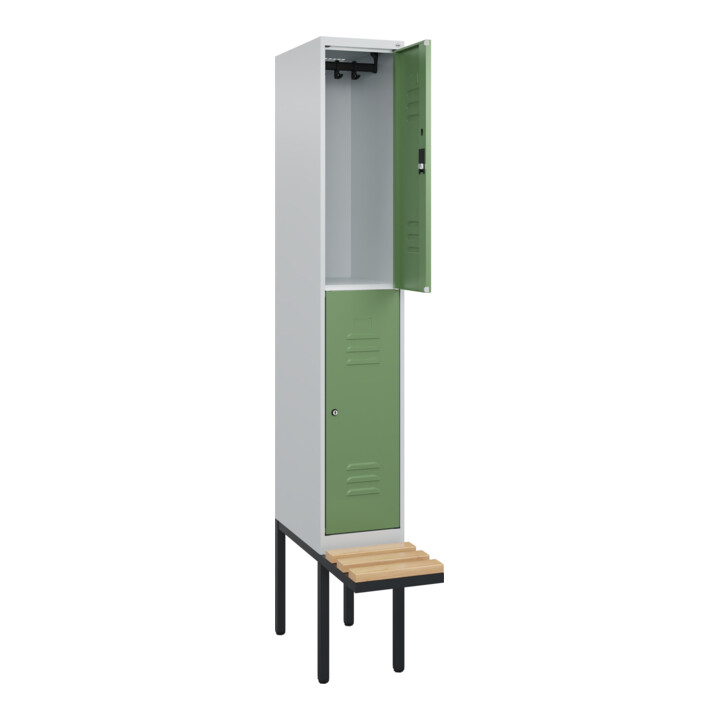 C+P Doppelstock-Spind Classic PLUS, Bank, 1 Abteil, 2120x300x815mm, 7035/6011 Verschluss Zylinderschloss Sitzbanktyp auskragend Material Sitzfläche Buche-Hartholz