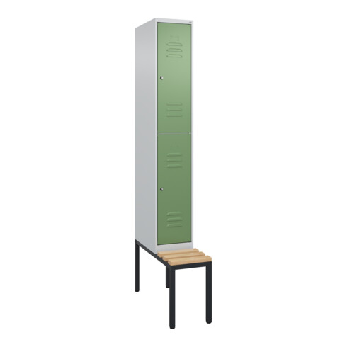 C+P Doppelstock-Spind Classic PLUS, Bank, 1 Abteil, 2120x300x815mm, 7035/6011 Verschluss Zylinderschloss Sitzbanktyp untergebaut Material Sitzfläche Buche-Hartholz