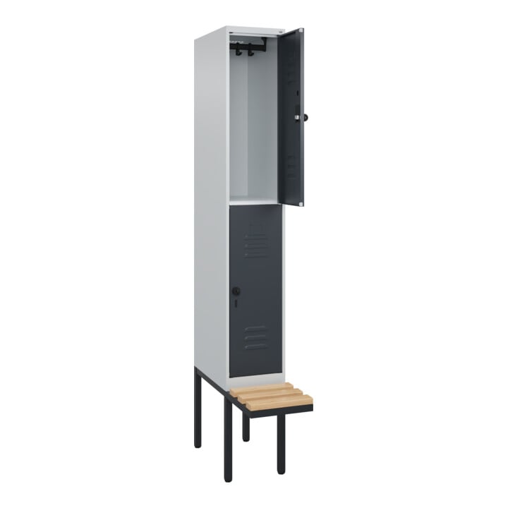C+P Doppelstock-Spind Classic PLUS, Bank, 1 Abteil, 2120x300x815mm, 7035/7016 Verschluss Sicherheits-Drehriegel Sitzbanktyp auskragend Material Sitzfläche Buche-Hartholz