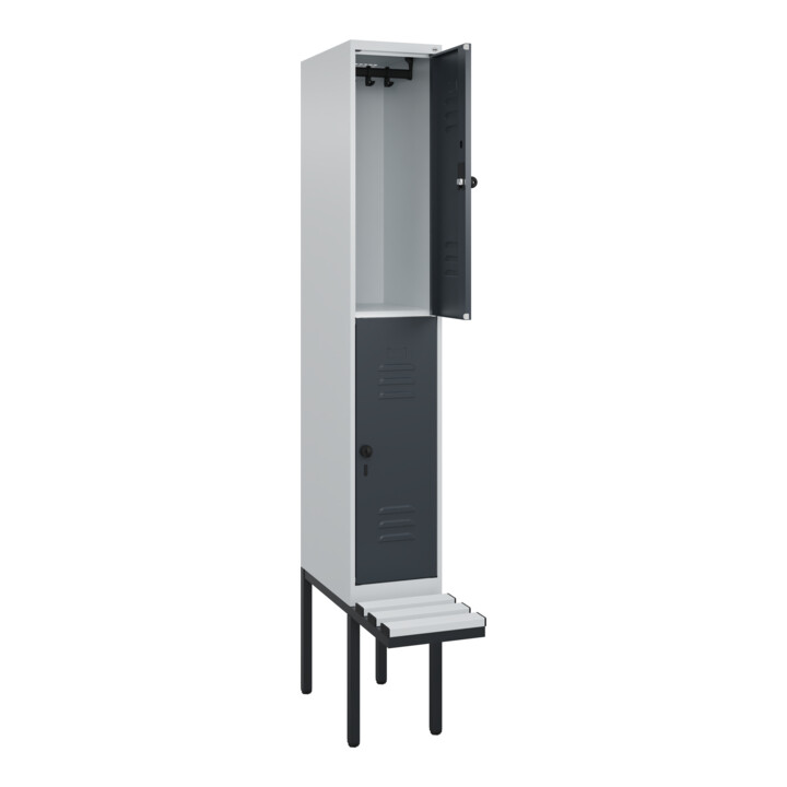 C+P Doppelstock-Spind Classic PLUS, Bank, 1 Abteil, 2120x300x815mm, 7035/7016 Verschluss Sicherheits-Drehriegel Sitzbanktyp auskragend Material Sitzfläche Kunststoff