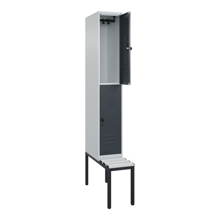 C+P Doppelstock-Spind Classic PLUS, Bank, 1 Abteil, 2120x300x815mm, 7035/7016 Verschluss Sicherheits-Drehriegel Sitzbanktyp untergebaut Material Sitzfläche Kunststoff