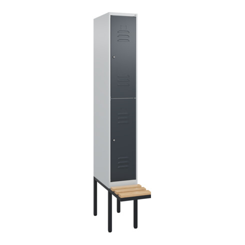 C+P Doppelstock-Spind Classic PLUS, Bank, 1 Abteil, 2120x300x815mm, 7035/7016 Verschluss Zylinderschloss Sitzbanktyp auskragend Material Sitzfläche Buche-Hartholz