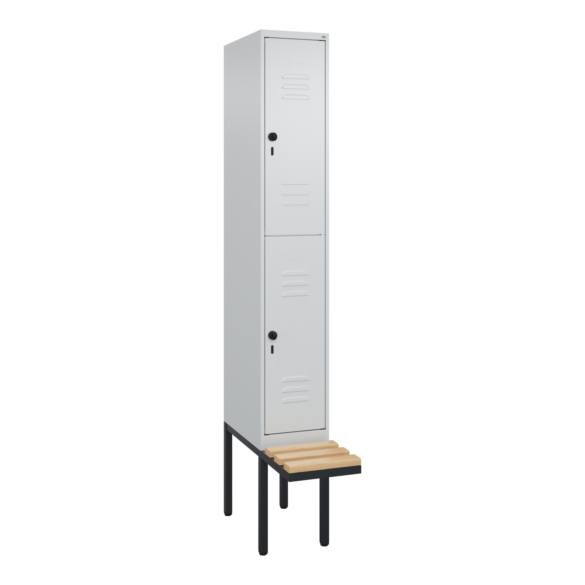 C+P Doppelstock-Spind Classic PLUS, Bank, 1 Abteil, 2120x300x815mm, 7035/7035 Verschluss Sicherheits-Drehriegel Sitzbanktyp auskragend Material Sitzfl
