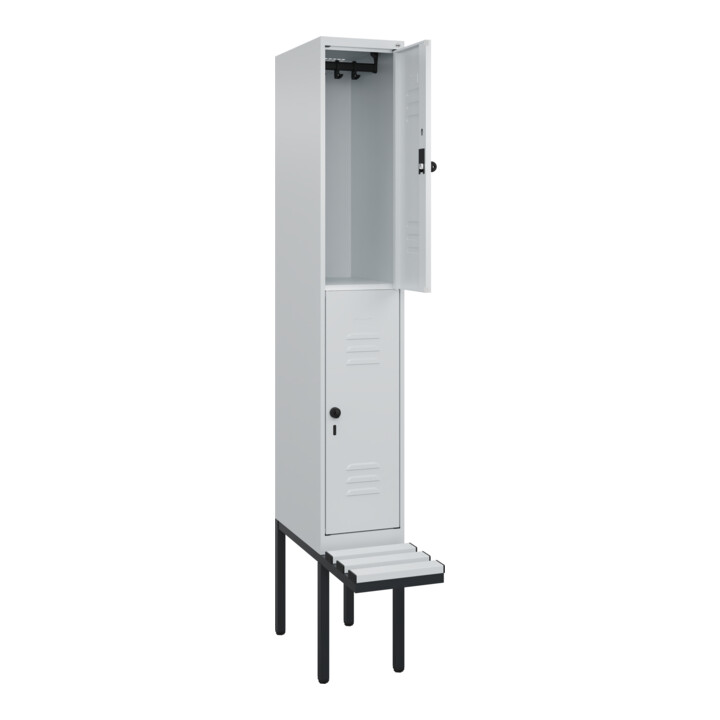 C+P Doppelstock-Spind Classic PLUS, Bank, 1 Abteil, 2120x300x815mm, 7035/7035 Verschluss Sicherheits-Drehriegel Sitzbanktyp auskragend Material Sitzfläche Kunststoff