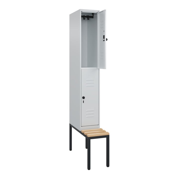 C+P Doppelstock-Spind Classic PLUS, Bank, 1 Abteil, 2120x300x815mm, 7035/7035 Verschluss Sicherheits-Drehriegel Sitzbanktyp untergebaut Material Sitzfläche Buche-Hartholz