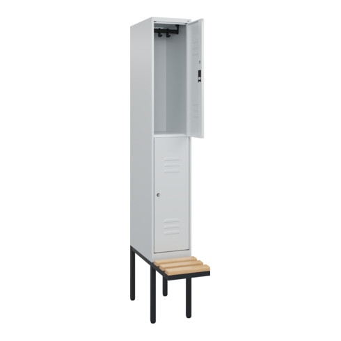 C+P Doppelstock-Spind Classic PLUS, Bank, 1 Abteil, 2120x300x815mm, 7035/7035 Verschluss Zylinderschloss Sitzbanktyp auskragend Material Sitzfläche Buche-Hartholz