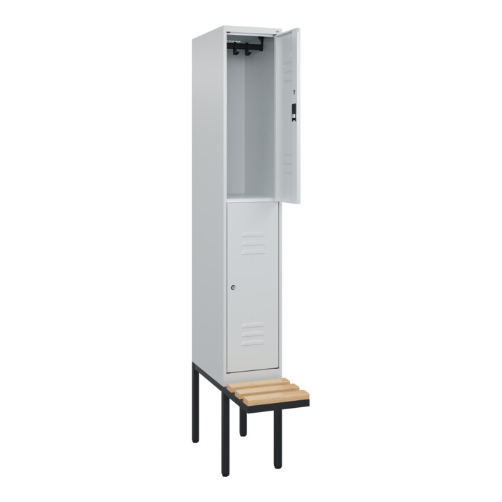 C+P Doppelstock-Spind Classic PLUS, Bank, 1 Abteil, 2120x300x815mm, 7035/7035 Verschluss Zylinderschloss Sitzbanktyp auskragend Material Sitzfläche Buche-Hartholz