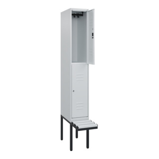 C+P Doppelstock-Spind Classic PLUS, Bank, 1 Abteil, 2120x300x815mm, 7035/7035 Verschluss Zylinderschloss Sitzbanktyp auskragend Material Sitzfläche Kunststoff