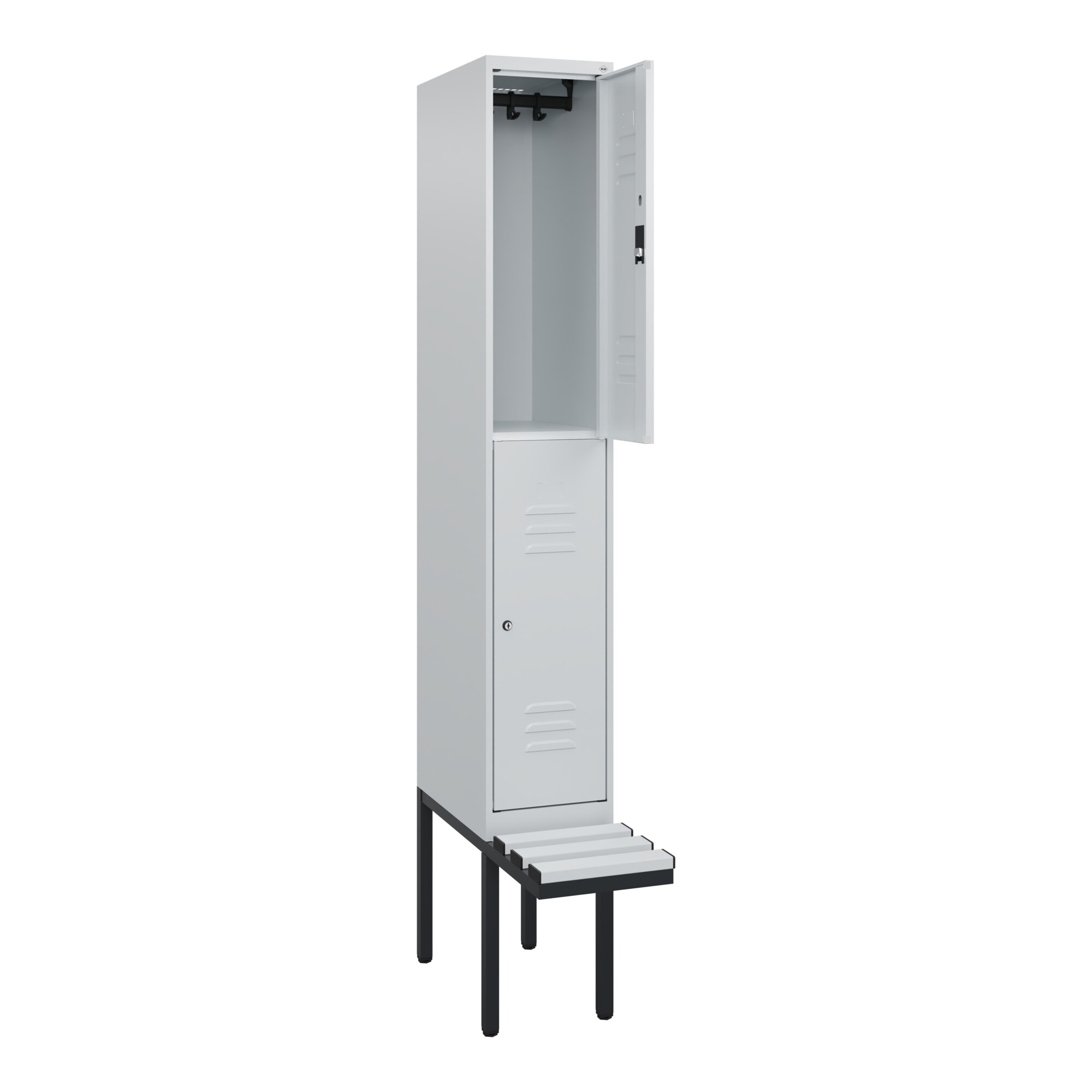 C+P Doppelstock-Spind Classic PLUS, Bank, 1 Abteil, 2120x300x815mm, 7035/7035 Verschluss Zylinderschloss Sitzbanktyp auskragend Material Sitzfläche Ku