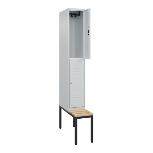 C+P Doppelstock-Spind Classic PLUS, Bank, 1 Abteil, 2120x300x815mm, 7035/7035 Verschluss Zylinderschloss Sitzbanktyp untergebaut Material Sitzfläche Buche-Hartholz