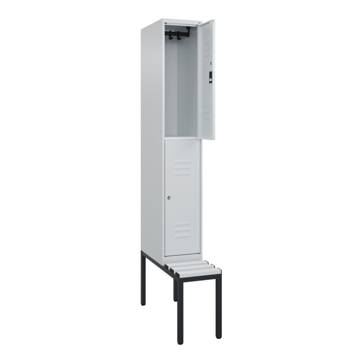 C+P Doppelstock-Spind Classic PLUS, Bank, 1 Abteil, 2120x300x815mm, 7035/7035 Verschluss Zylinderschloss Sitzbanktyp untergebaut Material Sitzfläche Kunststoff